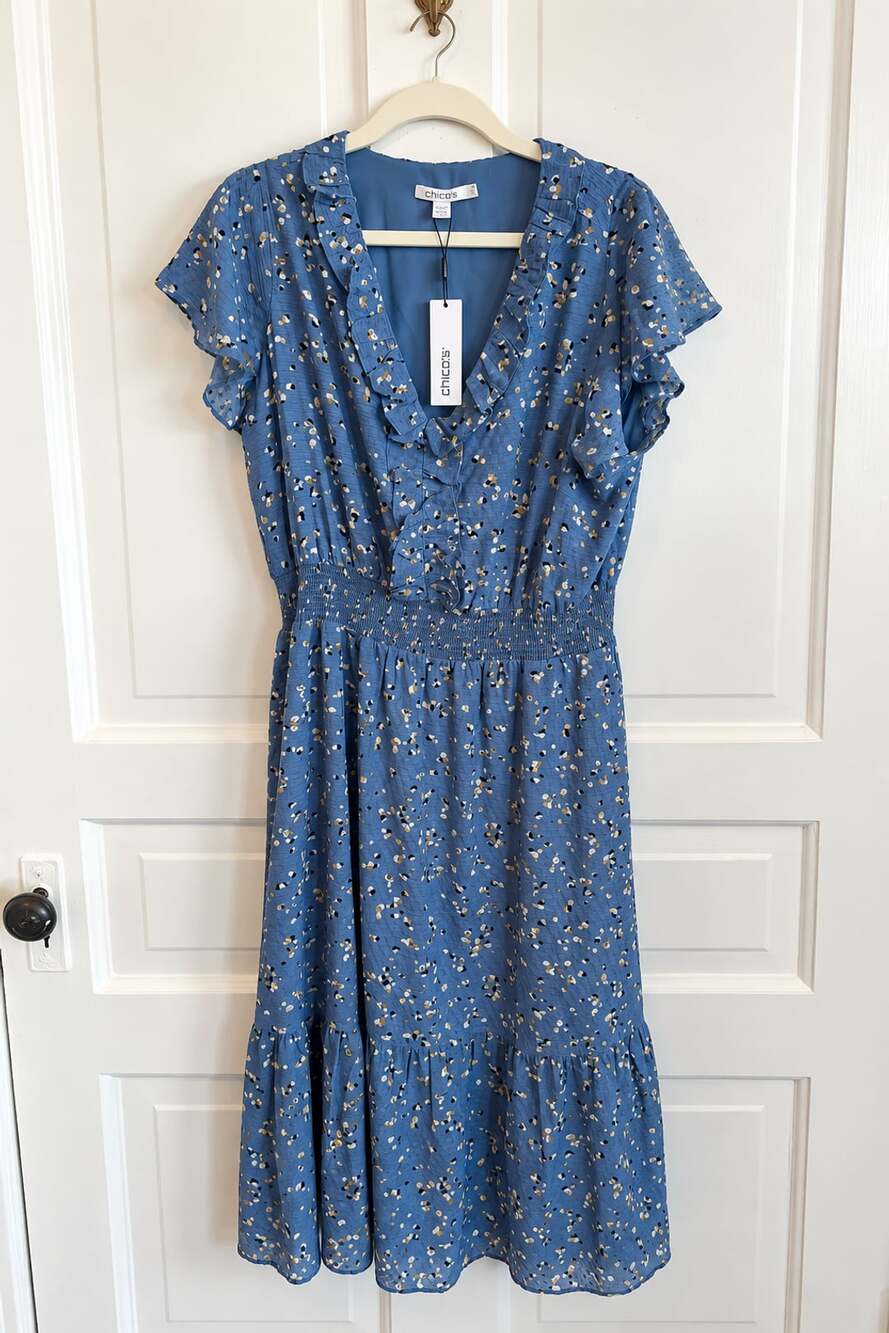 Chico's Ruffle Neck Maxi Dress Size 3.5P Blue Lotus